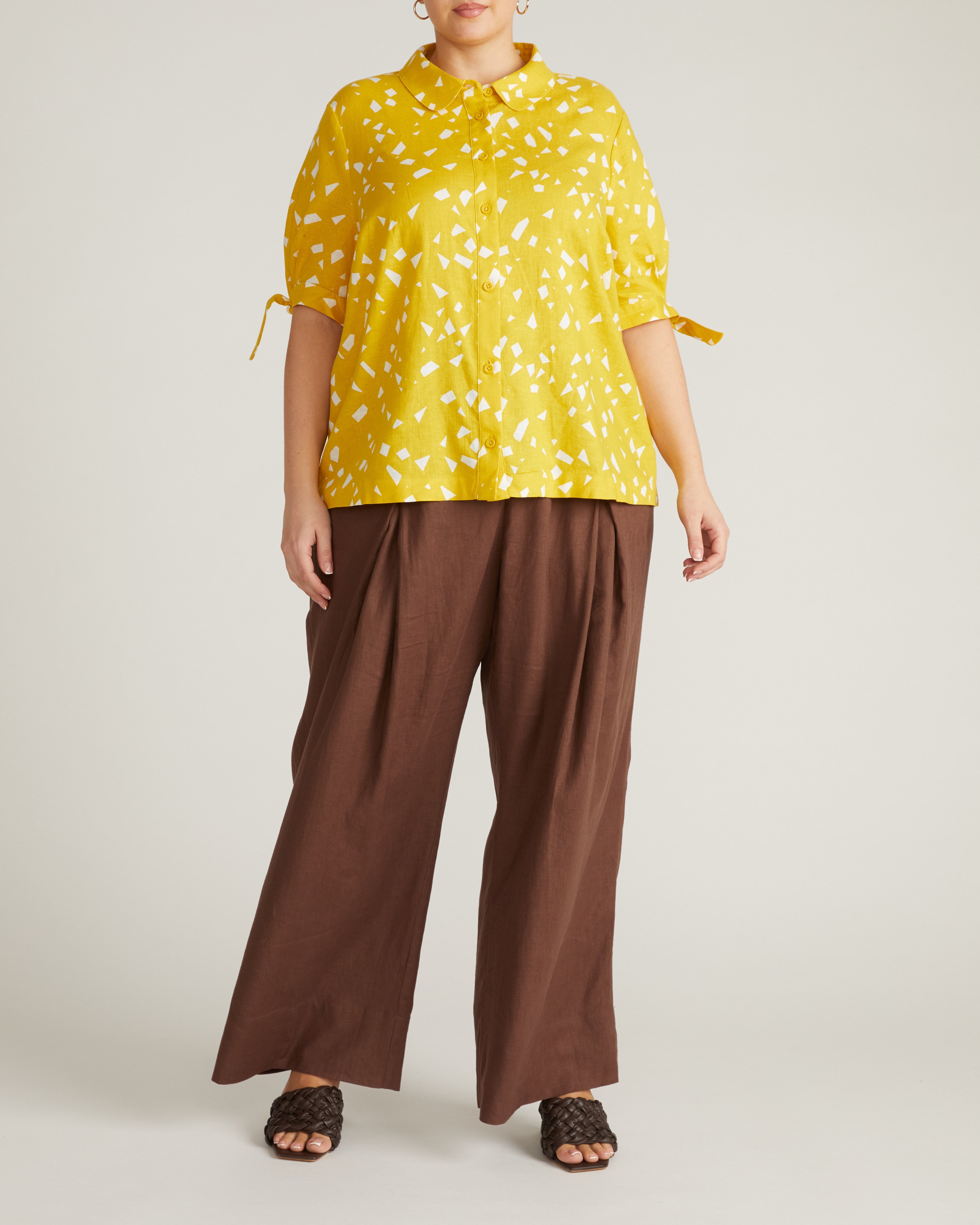 Luisa Short Sleeve Linen Blend Shirt - Yellow Confetti Print
