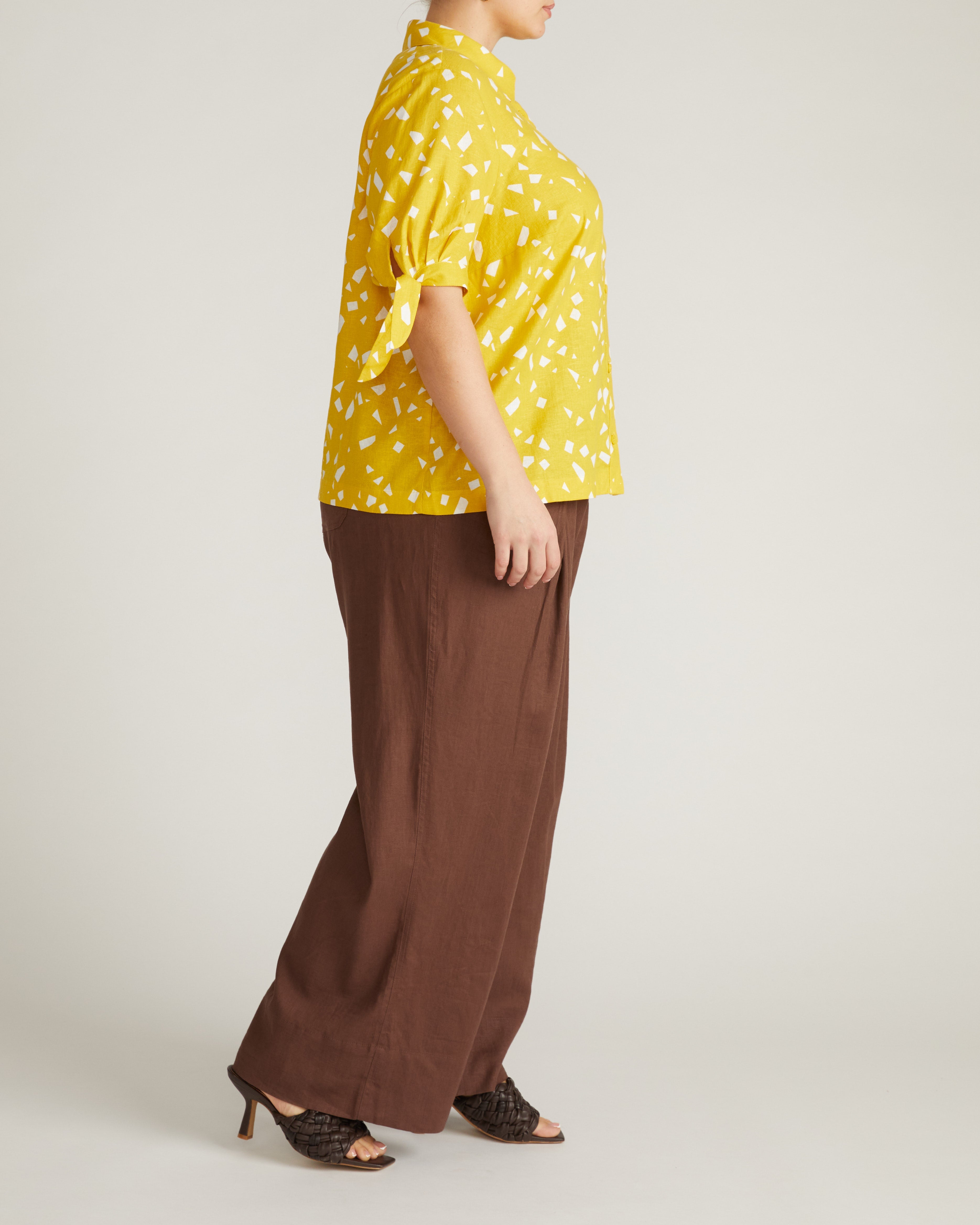 Luisa Short Sleeve Linen Blend Shirt - Yellow Confetti Print