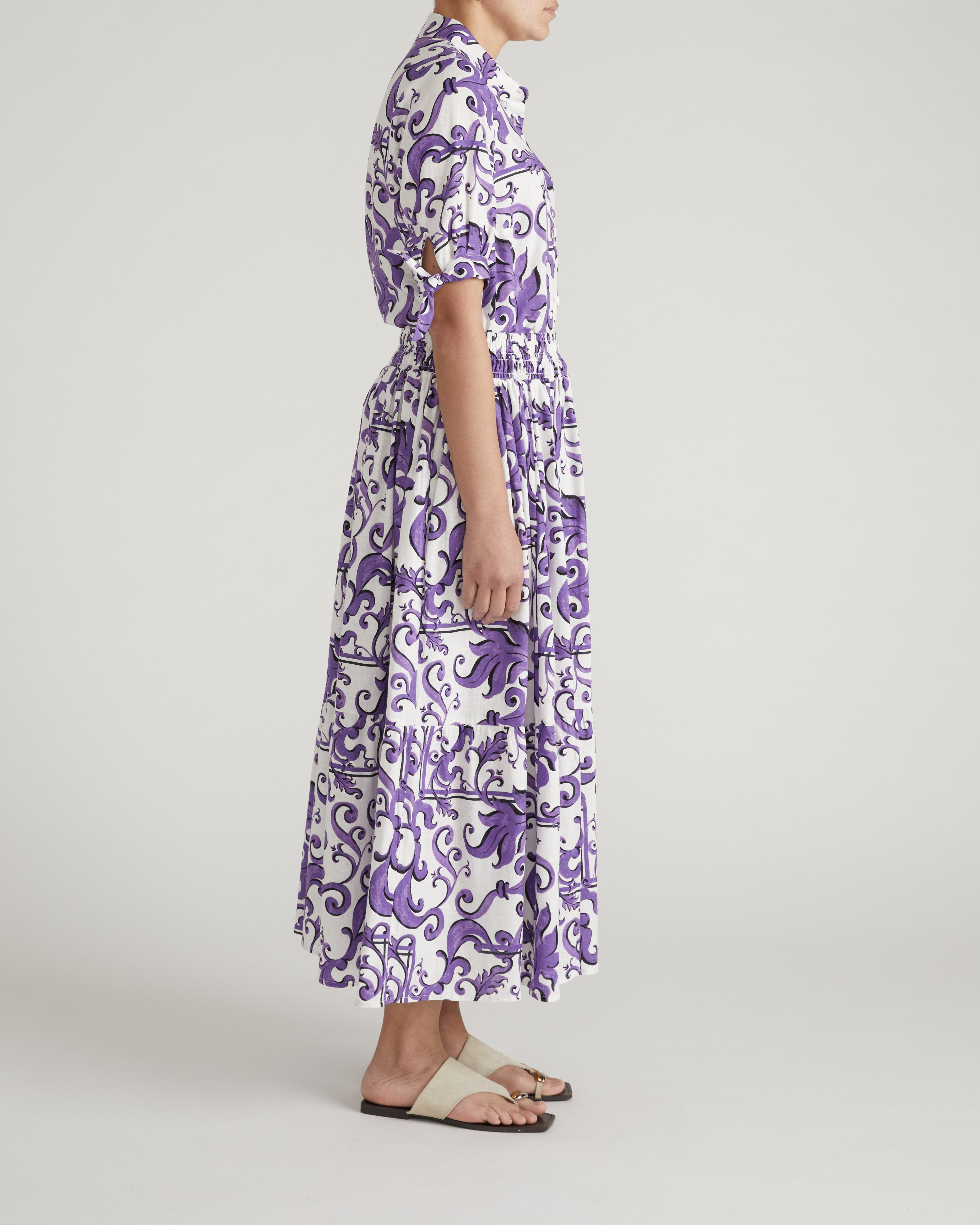Luisa Short Sleeve Linen Blend Shirt - Purple Majolica Print