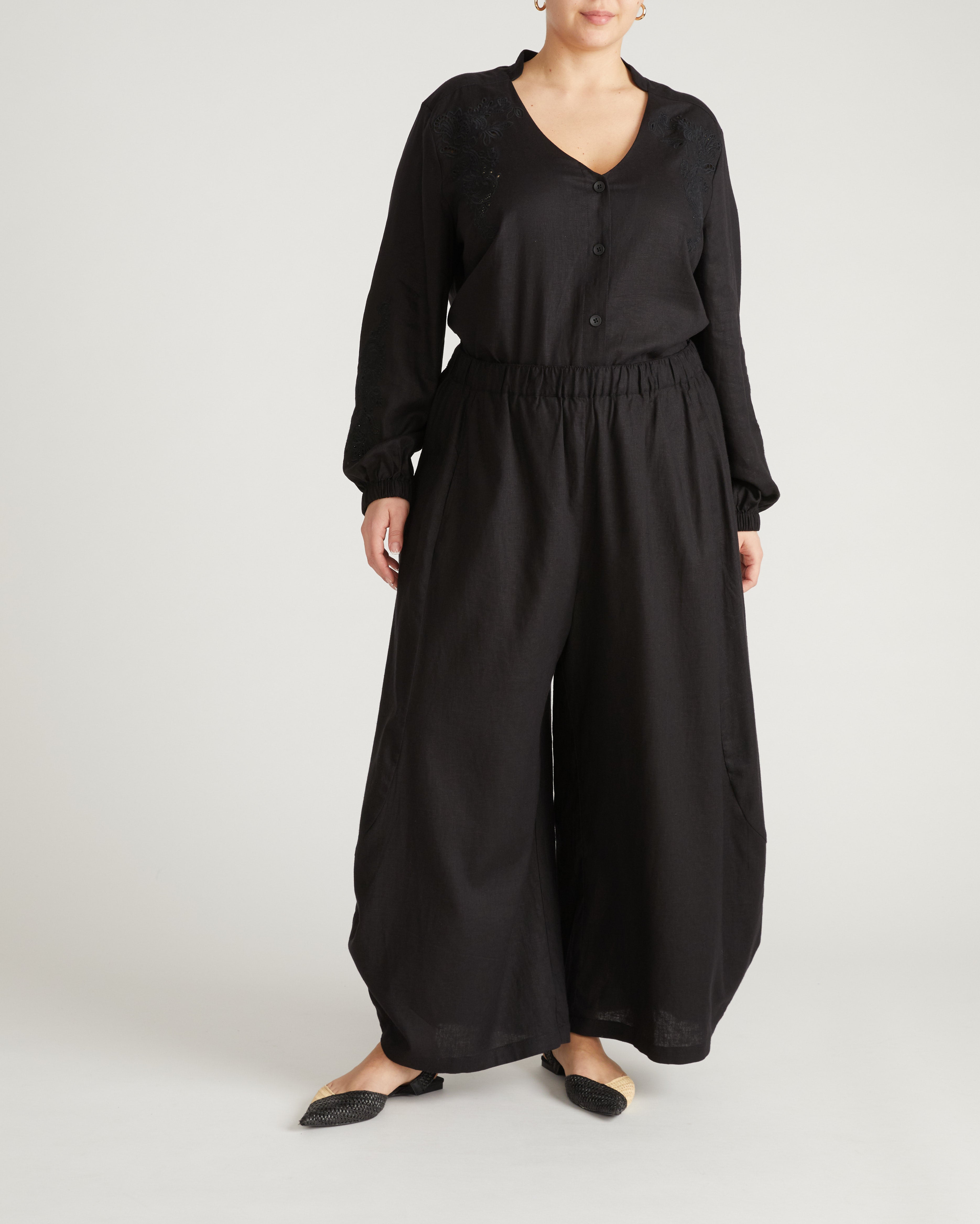 Frances Embroidered Linen Blend Blouse - Black