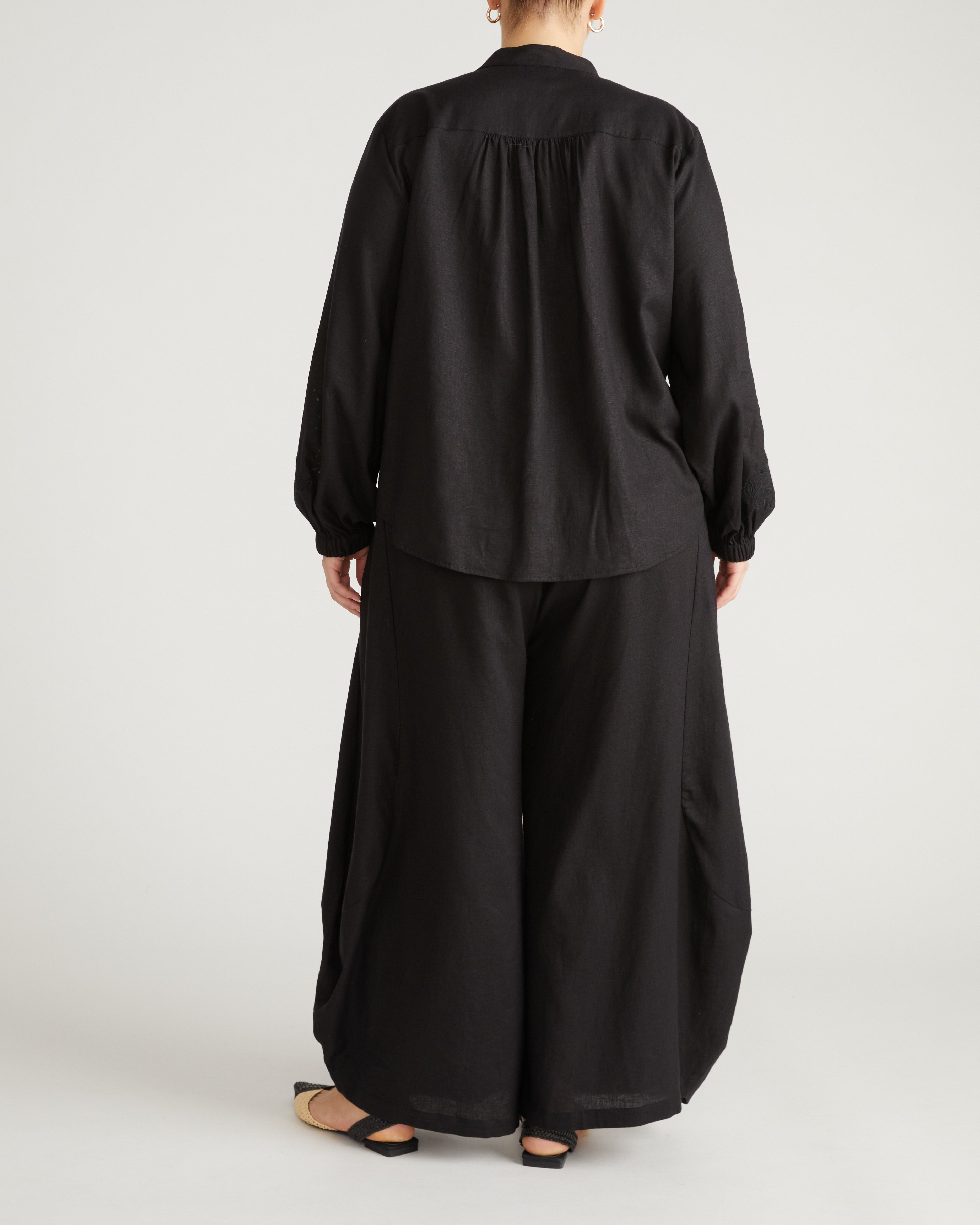 Frances Embroidered Linen Blend Blouse - Black
