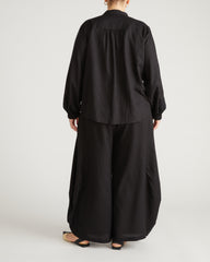 Frances Embroidered Linen Blend Blouse - Black