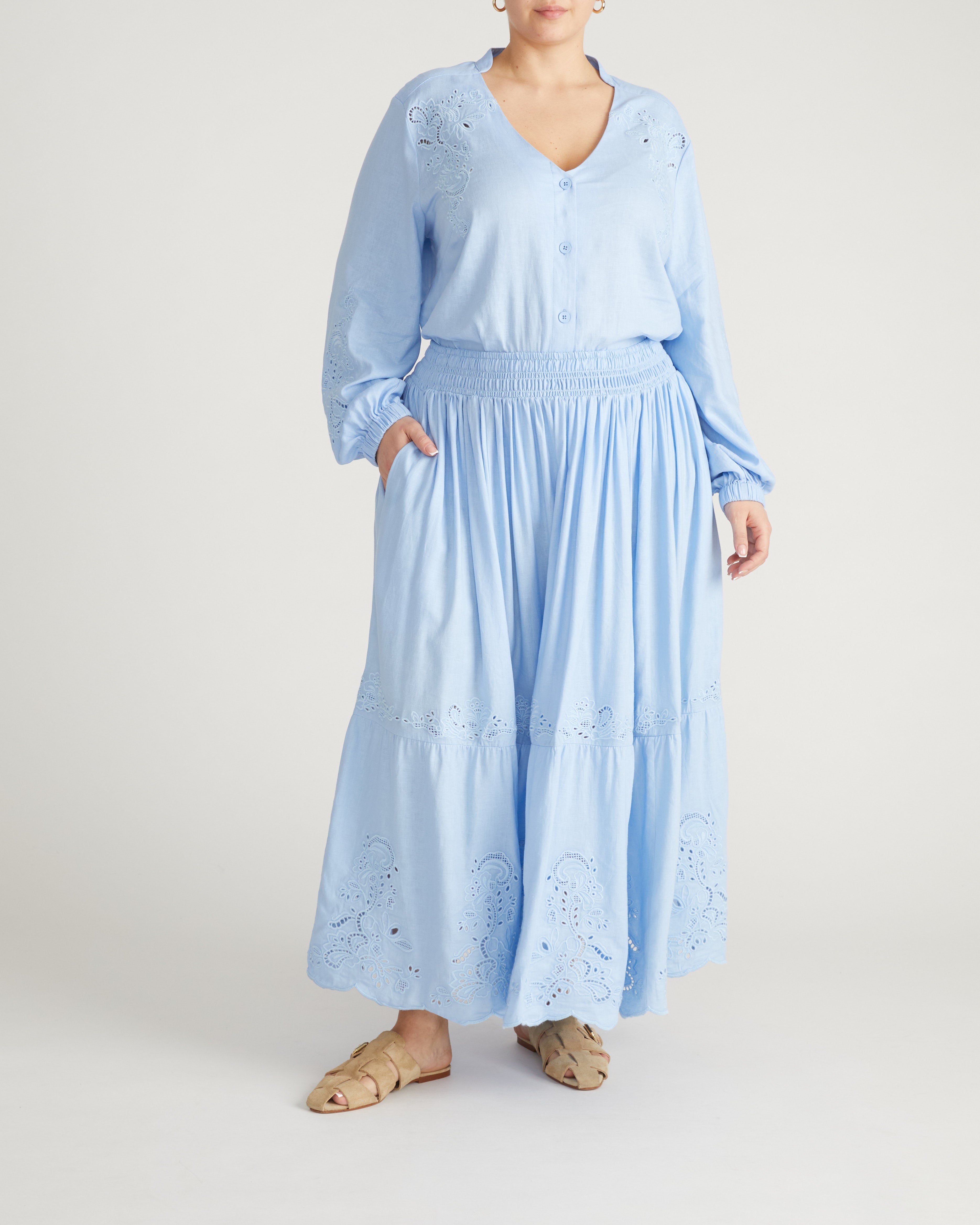 Frances Embroidered Linen Blend Blouse - Cielo Blue