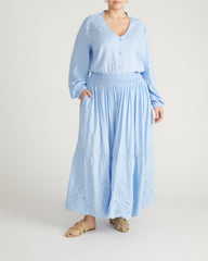 Frances Embroidered Linen Blend Blouse - Cielo Blue