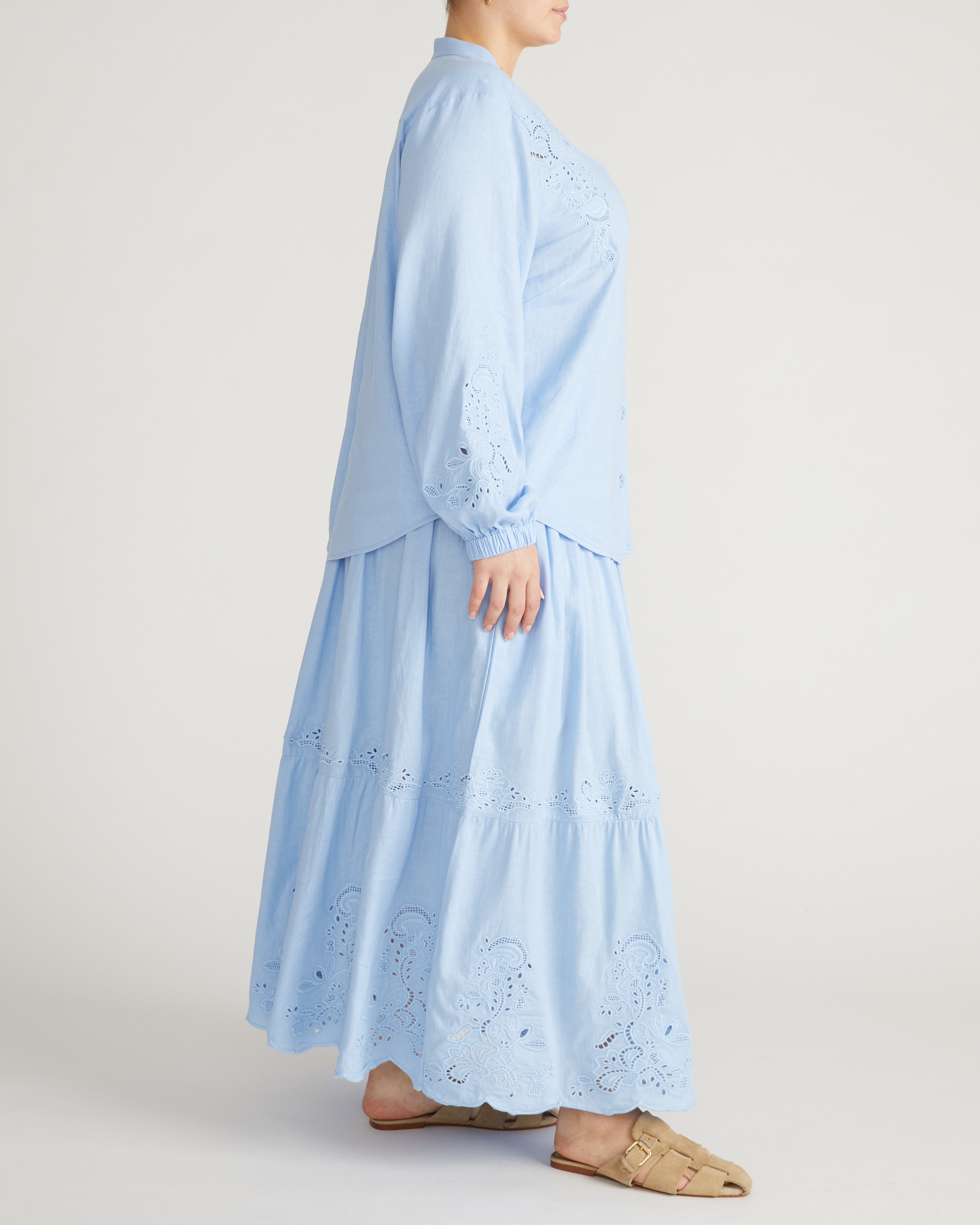 Frances Embroidered Linen Blend Blouse - Cielo Blue
