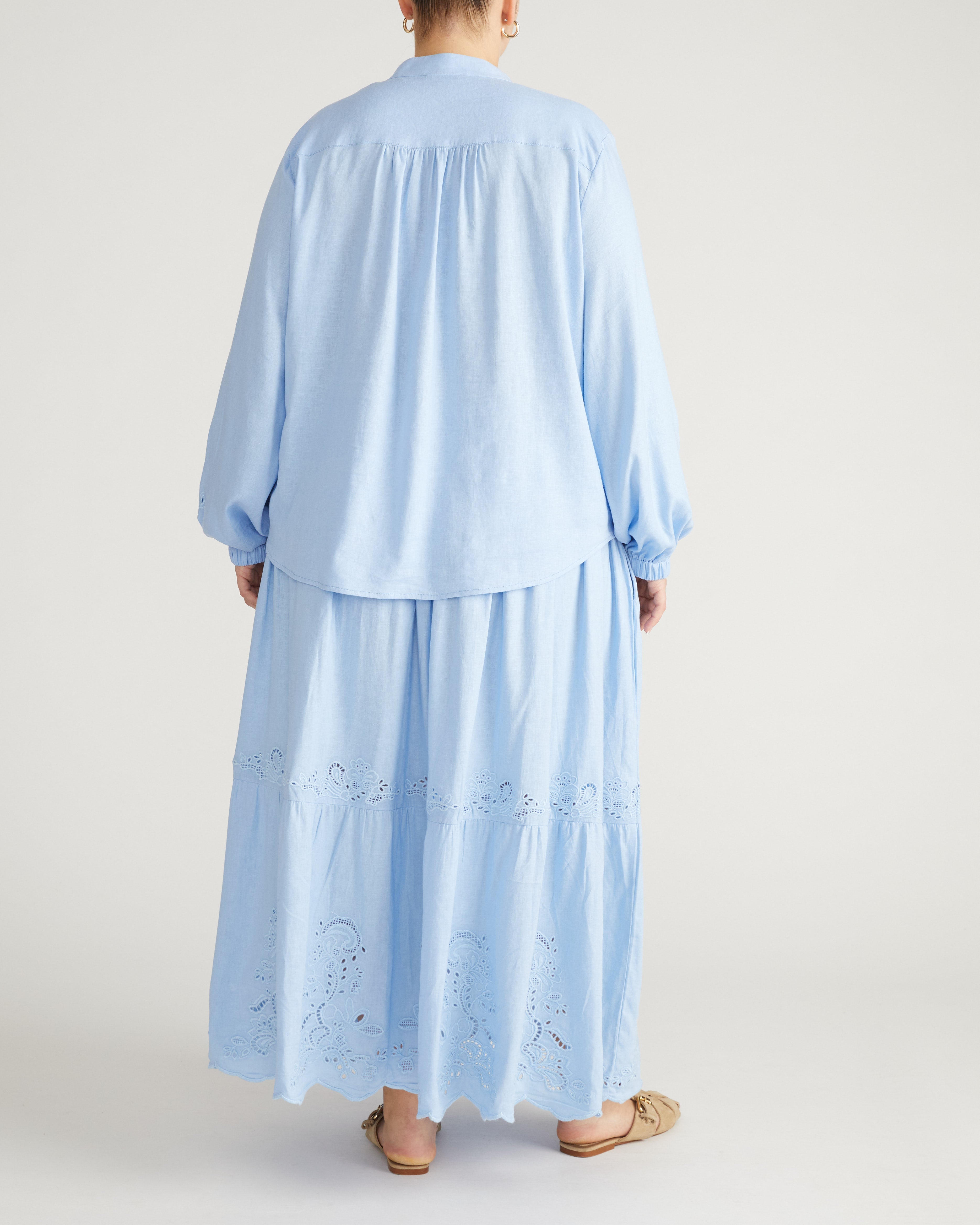 Frances Embroidered Linen Blend Blouse - Cielo Blue