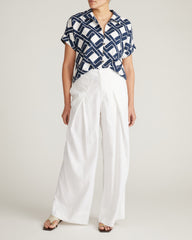 Sandy Short Sleeve Stretch Linen Blend Shirt - Geometrica Print