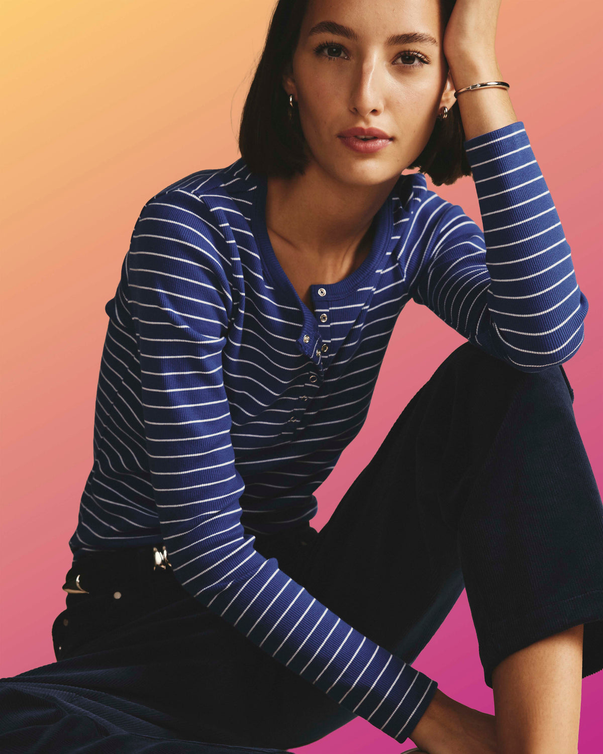 Henley Long Sleeve Ribbed Tee - Bright Blue/White Microstripe