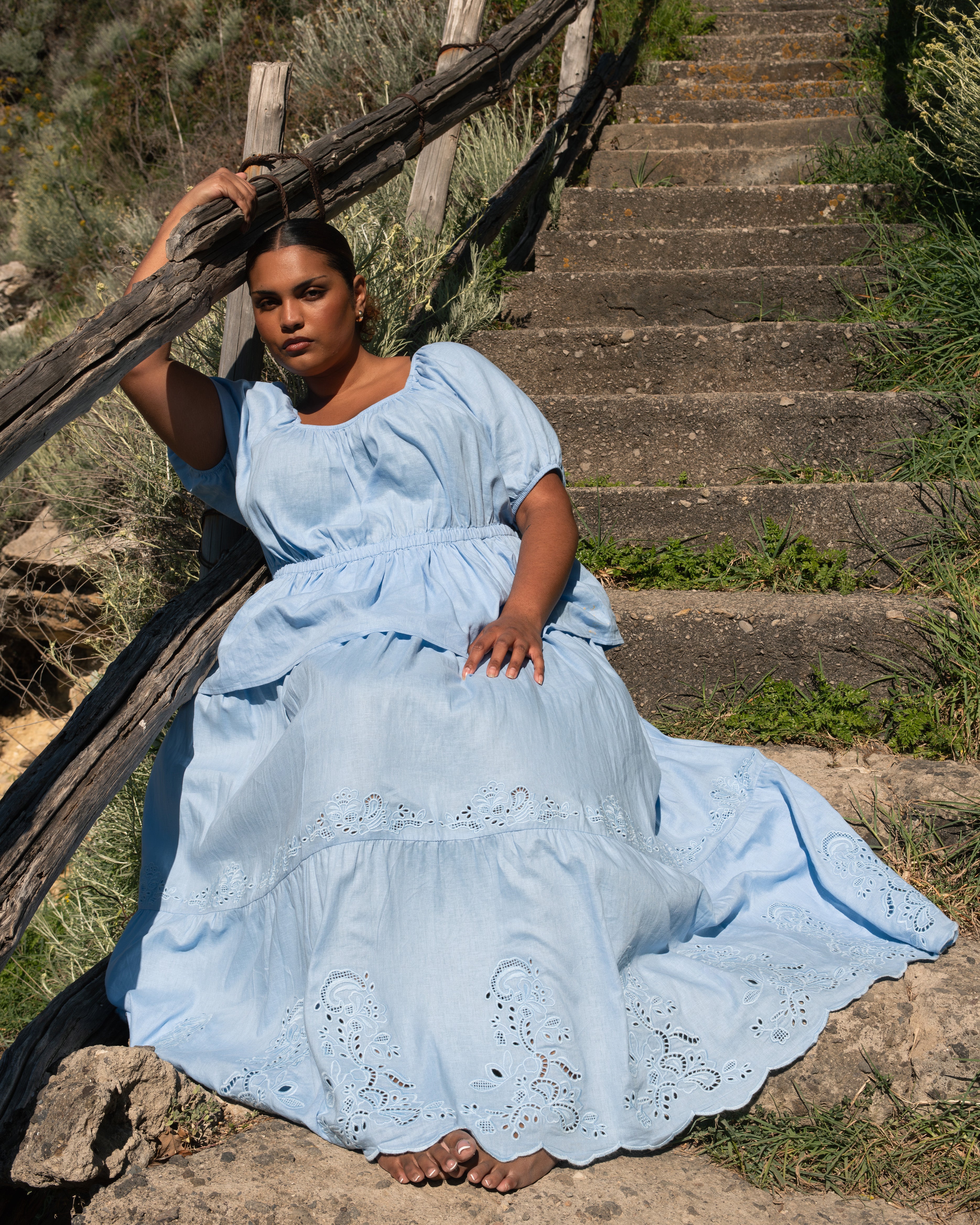 Tosca Embroidered Linen Blend Maxi Skirt - Cielo Blue