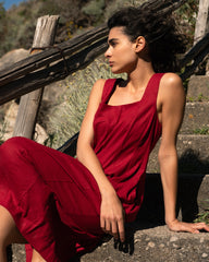 Saulay Square Neck Linen Blend Midi Dress - Vibrant Red