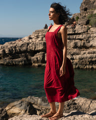 Saulay Square Neck Linen Blend Midi Dress - Vibrant Red