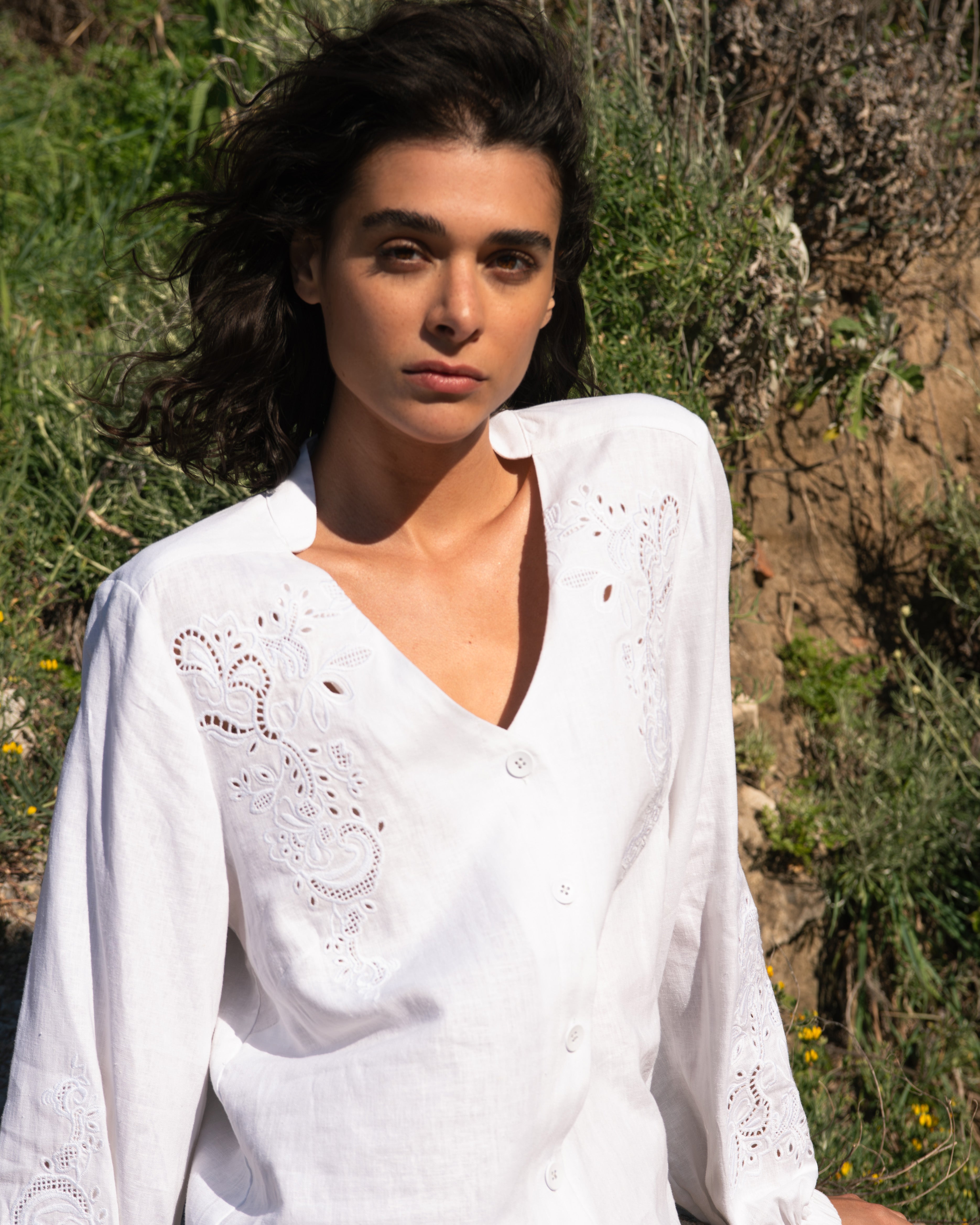 Frances Embroidered Linen Blend Blouse - White