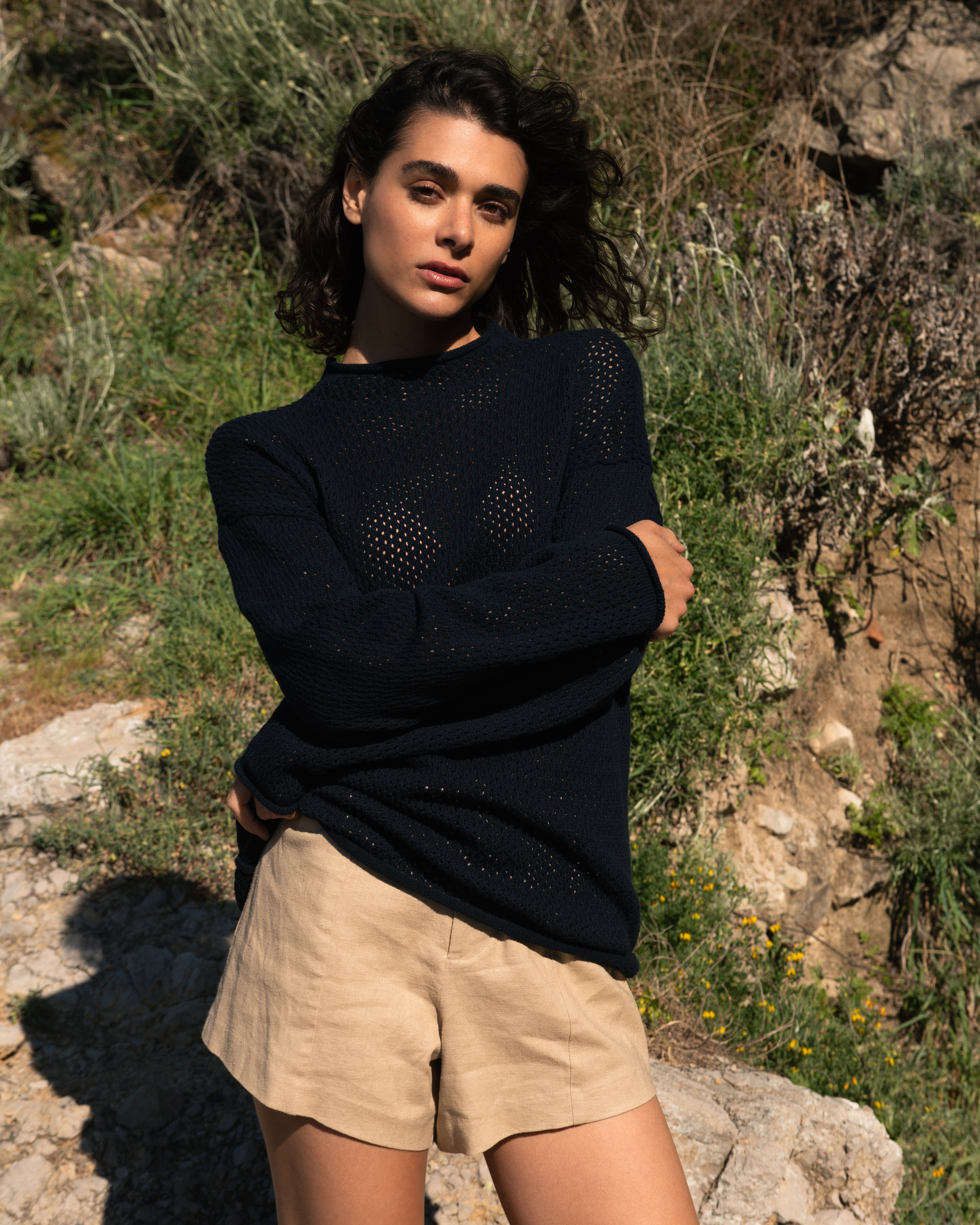 Positano Pointelle Mock Neck Sweater - Black
