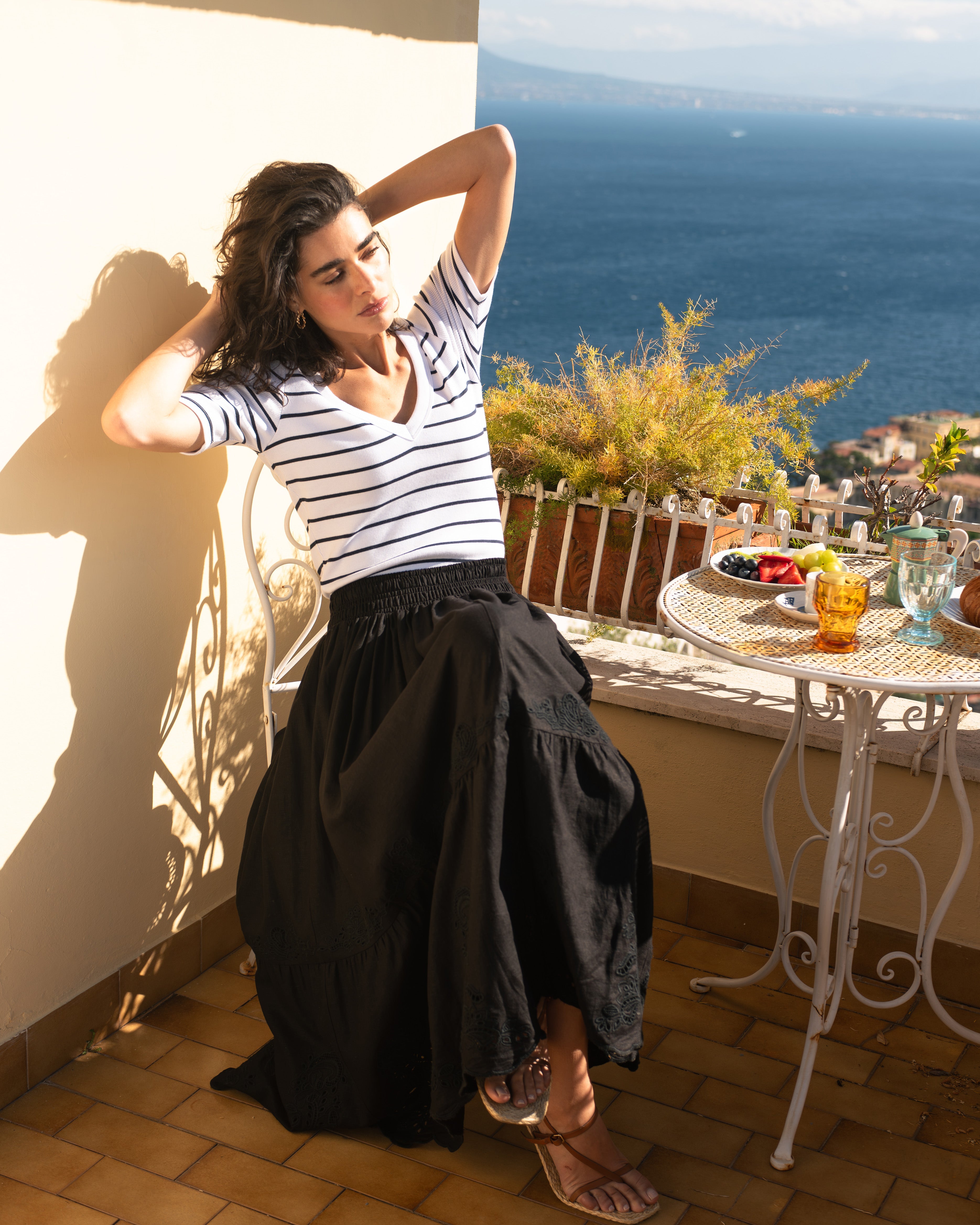 Tosca Embroidered Linen Blend Maxi Skirt - Black