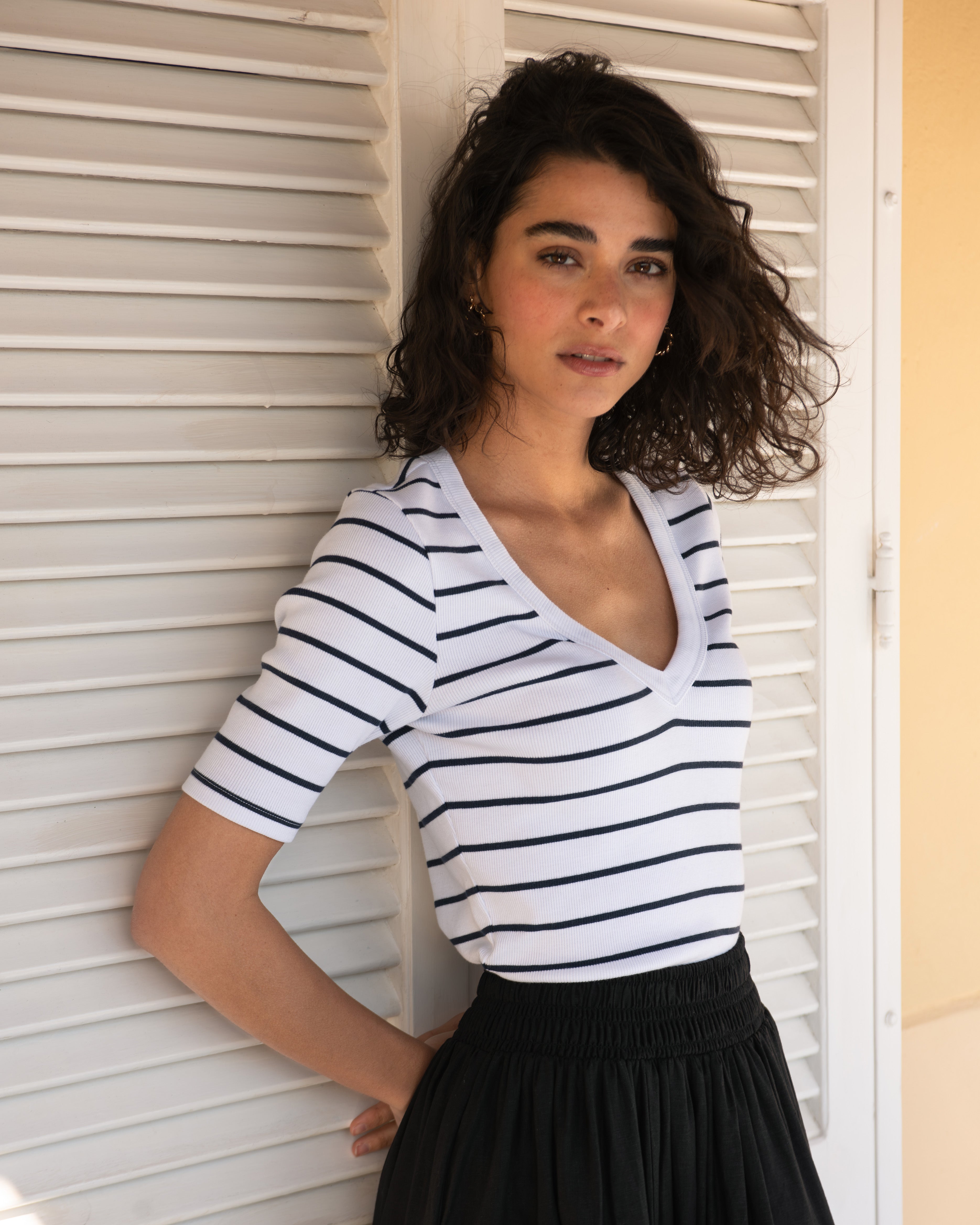 Classic V-Neck Ribbed Tee - Nautical Navy Stripe