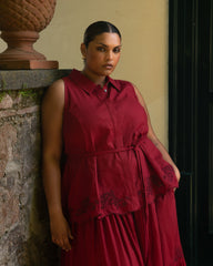 Adelaide Embroidered Sleeveless Linen Blend Shirt - Vibrant Red