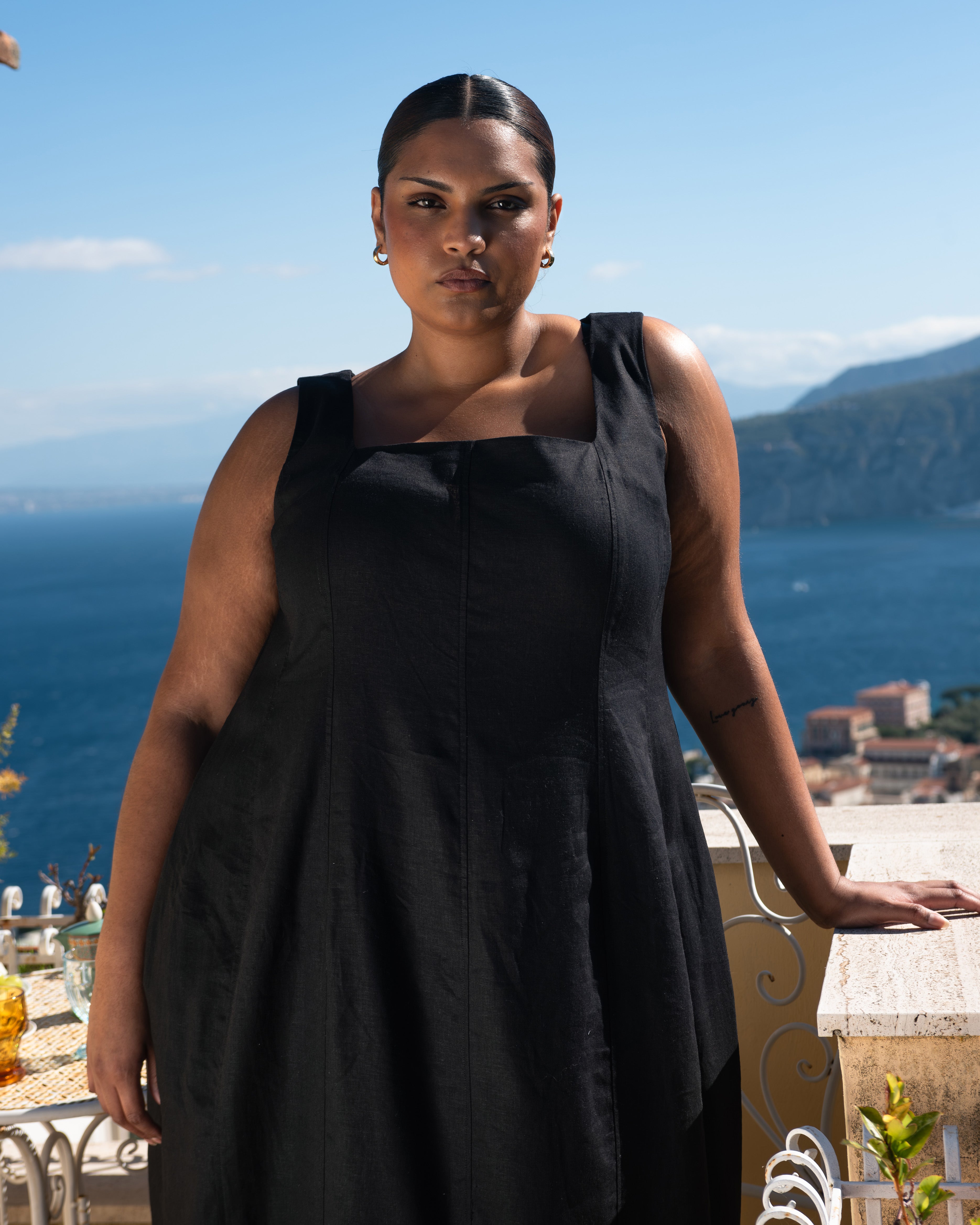 Saulay Square Neck Linen Blend Midi Dress - Black