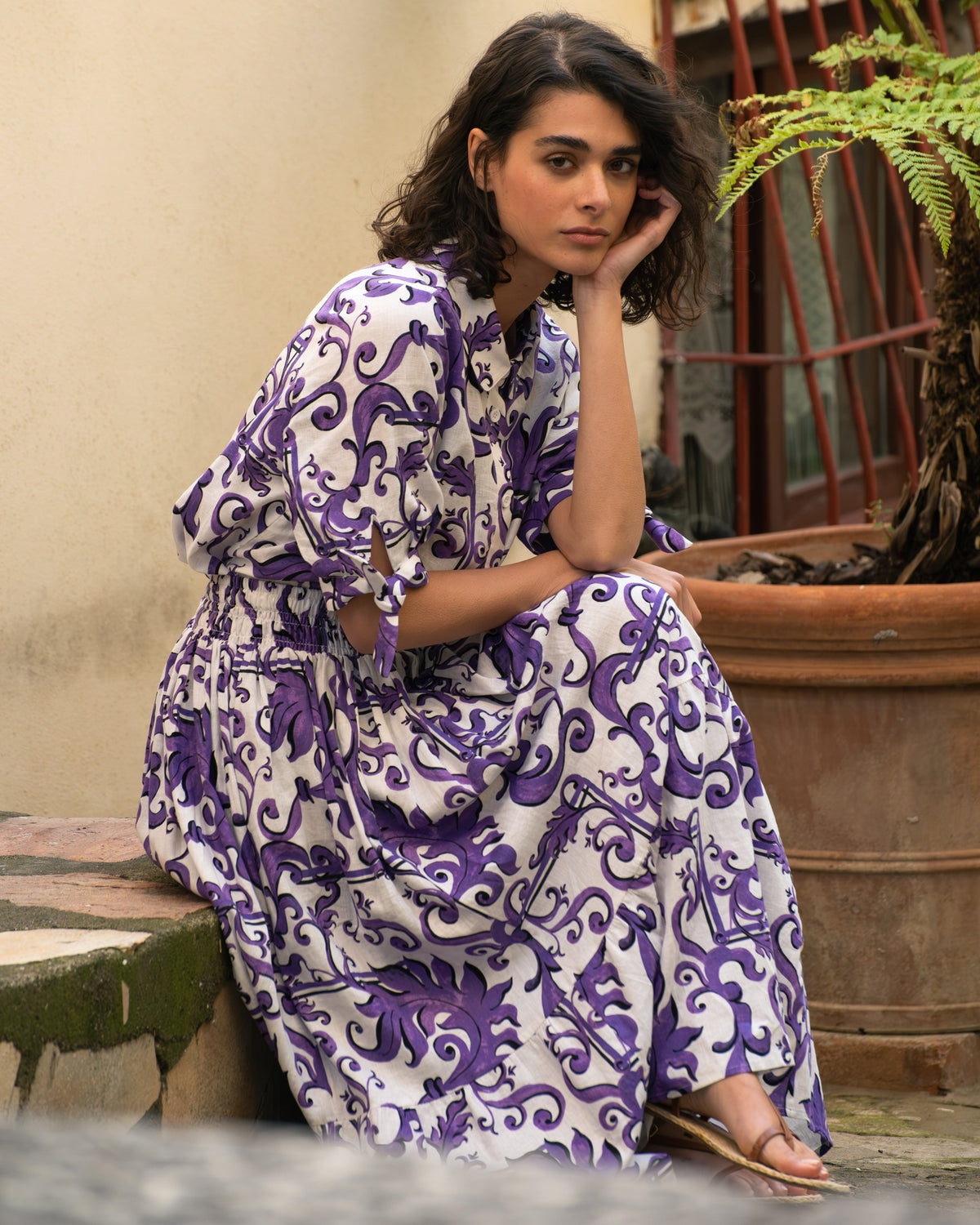 Tosca Linen Blend Maxi Skirt - Purple Majolica Print
