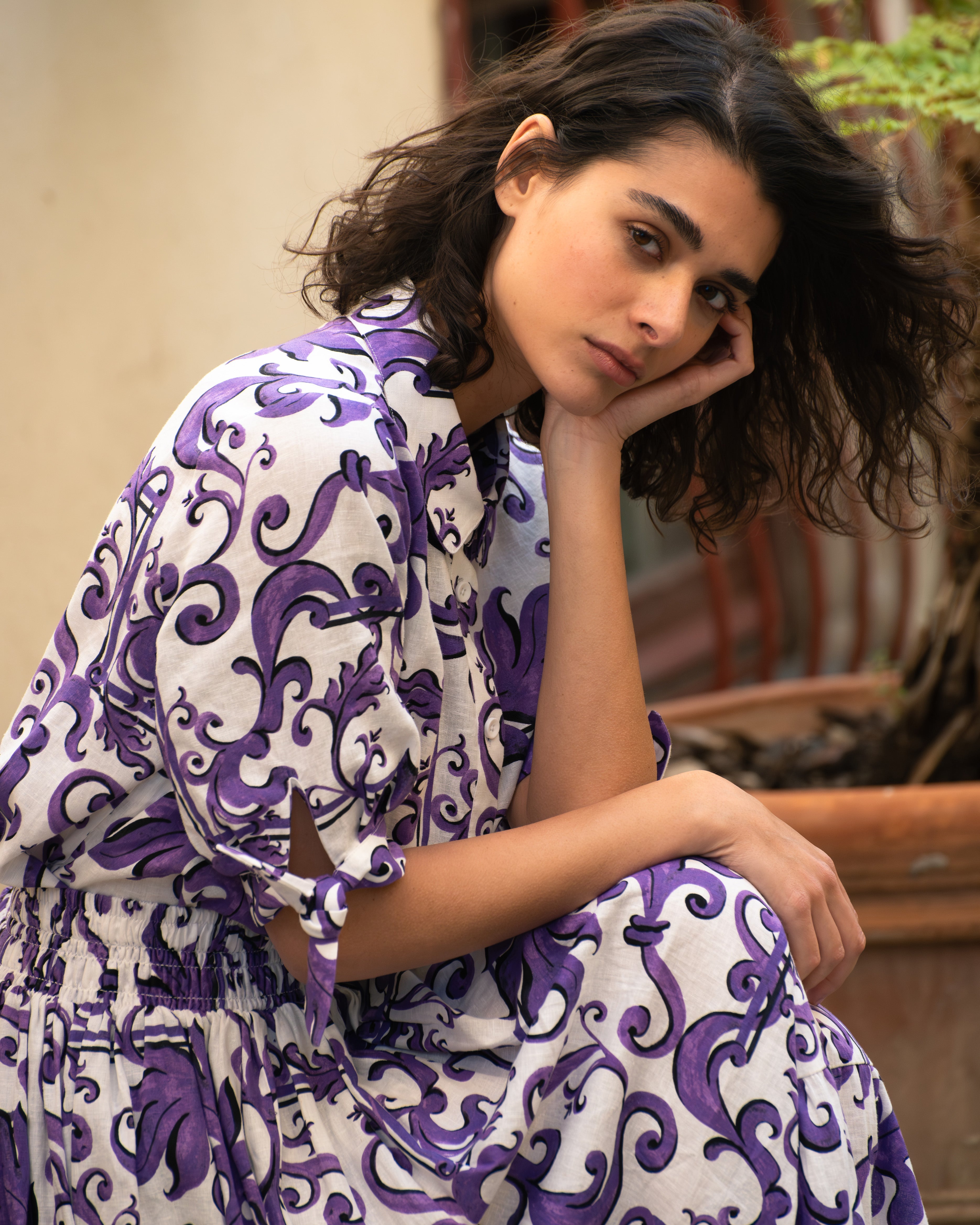Luisa Short Sleeve Linen Blend Shirt - Purple Majolica Print