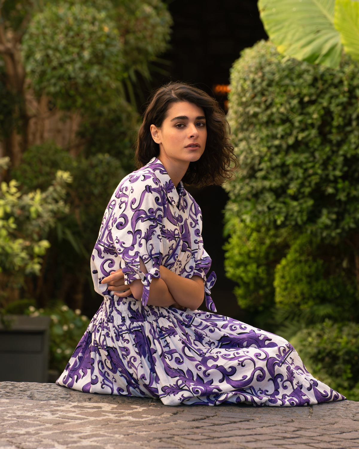 Luisa Short Sleeve Linen Blend Shirt - Purple Majolica Print