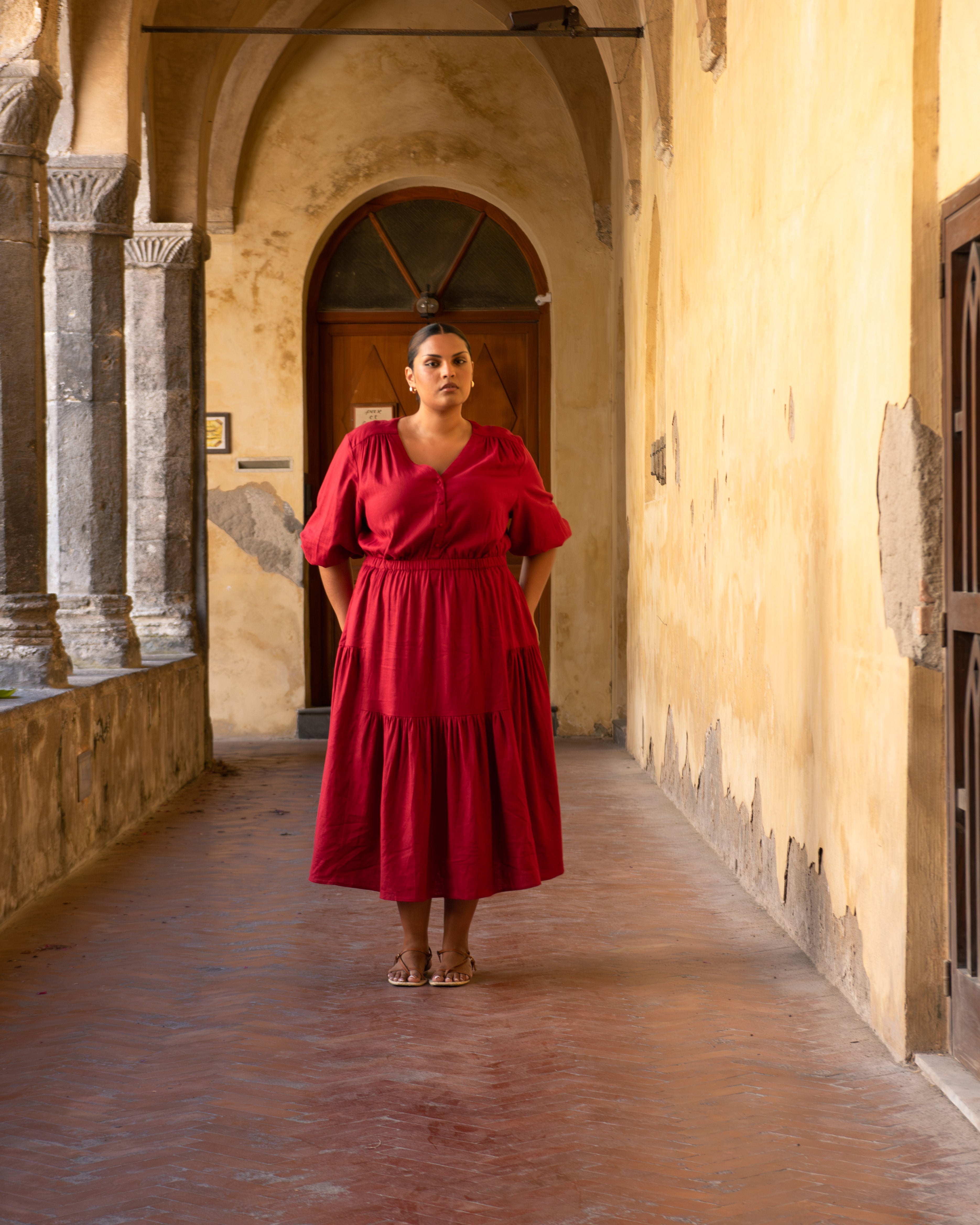 Sorrento Linen Blend Midi Dress - Vibrant Red