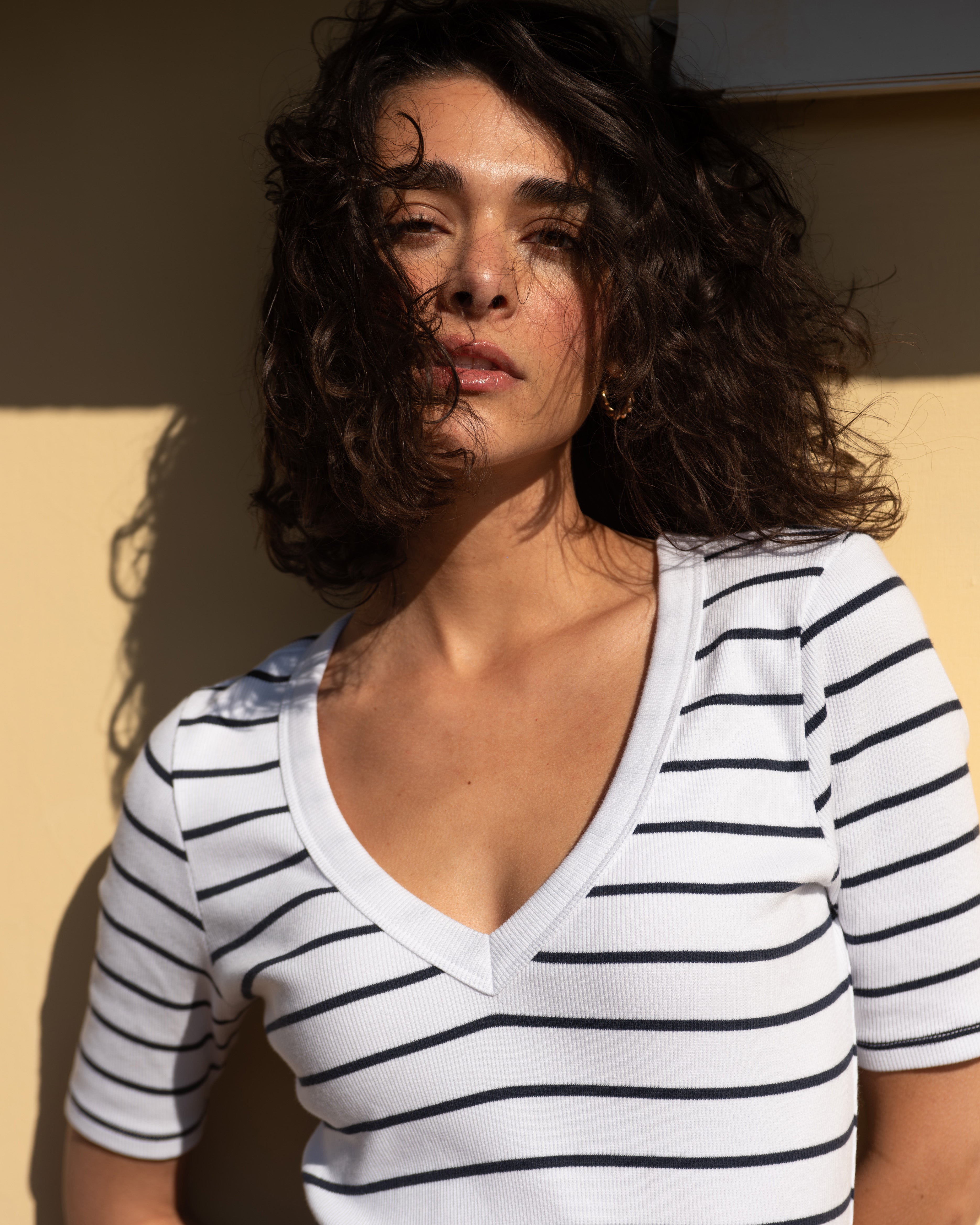 Classic V-Neck Ribbed Tee - Nautical Navy Stripe