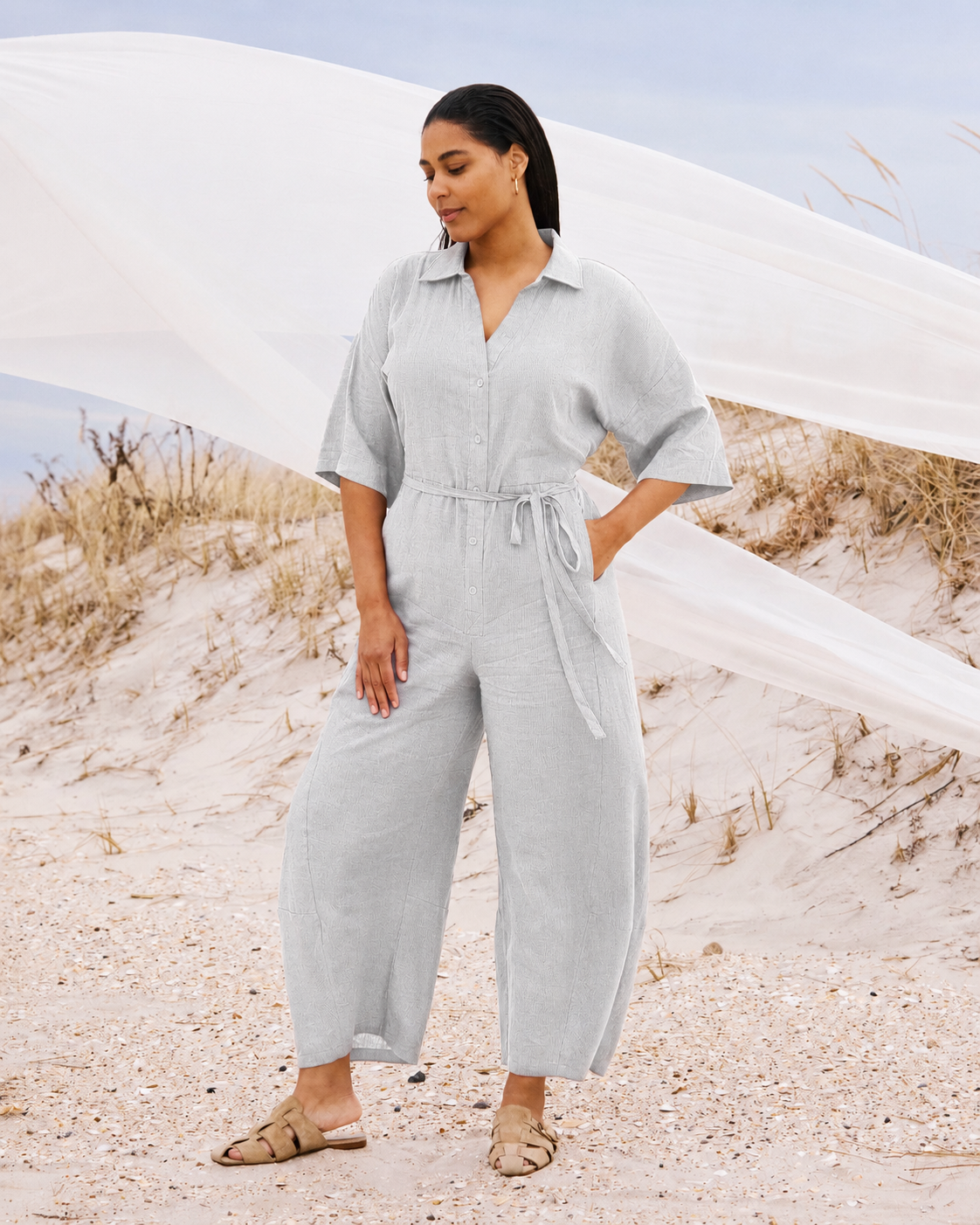 Maggie Barrel Leg Linen Blend Jumpsuit - Beach Stripe