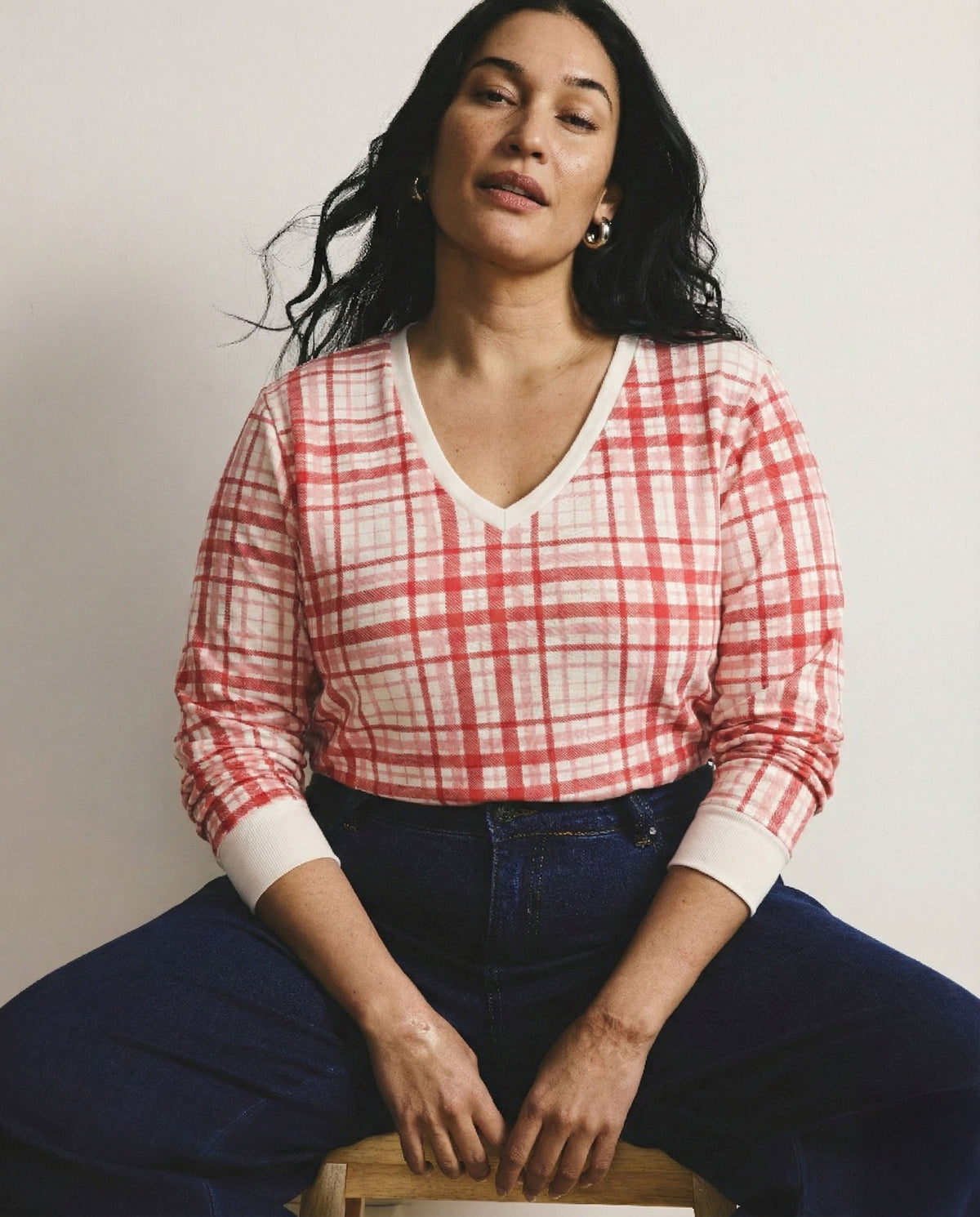 Long Sleeve V Rex - Red Plaid Print